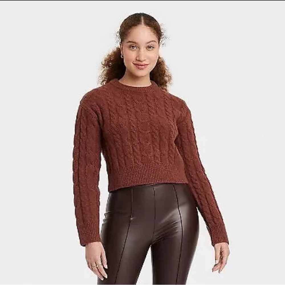 Women's Crewneck Long Sleeve Cropped  Pullover Sweater - A New Day Brown XS NWT